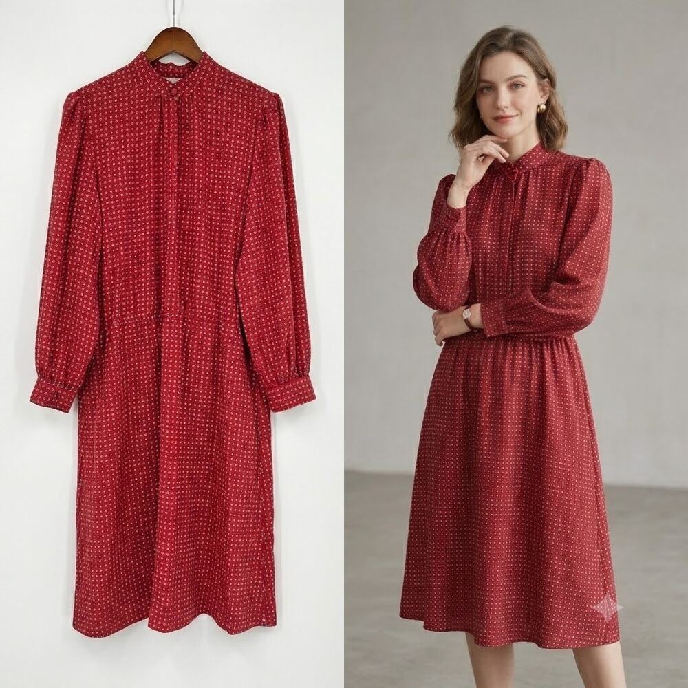 Vintage Talbots red printed midi secretary dress long sleeve career classic 12
